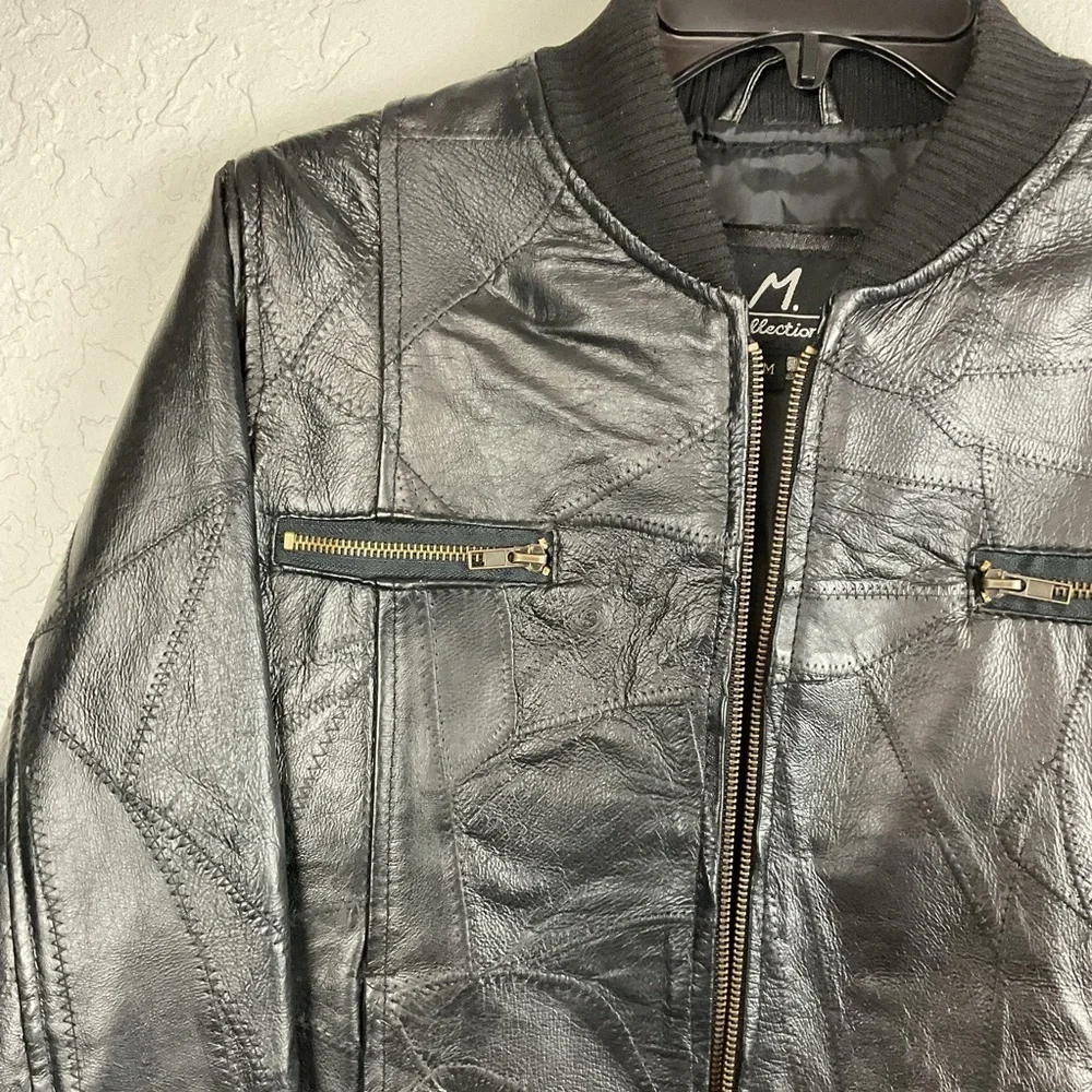 M. Collection Women’s Black Leather Patchwork Zip Up Bomber Jacket Sz Med